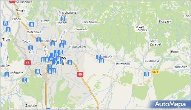 mapa Waksmund, Waksmund na mapie Targeo