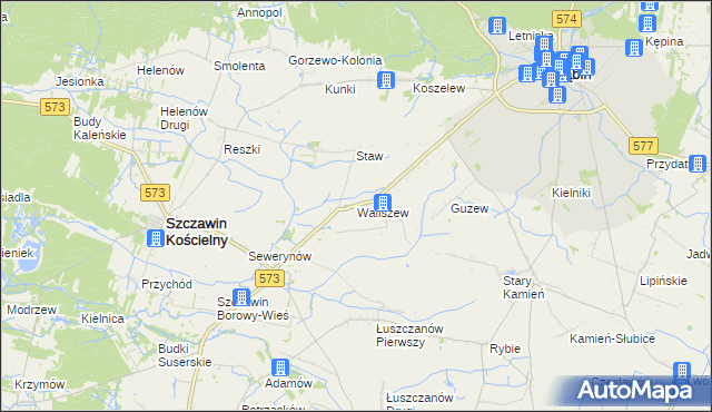 mapa Waliszew gmina Szczawin Kościelny, Waliszew gmina Szczawin Kościelny na mapie Targeo