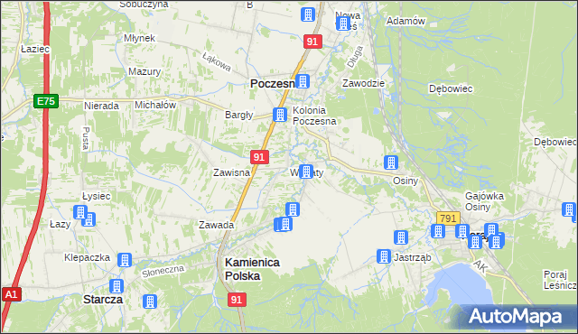 mapa Wanaty gmina Kamienica Polska, Wanaty gmina Kamienica Polska na mapie Targeo