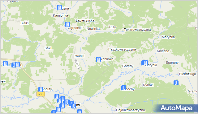 mapa Waniewo gmina Narew, Waniewo gmina Narew na mapie Targeo