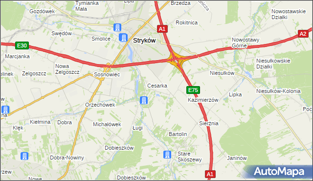 mapa Warszewice gmina Stryków, Warszewice gmina Stryków na mapie Targeo