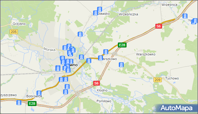 mapa Warszkowo gmina Sławno, Warszkowo gmina Sławno na mapie Targeo