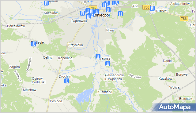 mapa Wąsosz gmina Koniecpol, Wąsosz gmina Koniecpol na mapie Targeo