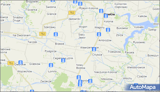 mapa Wawrzeńczyce gmina Pawłów, Wawrzeńczyce gmina Pawłów na mapie Targeo