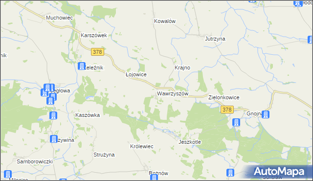 mapa Wawrzyszów gmina Wiązów, Wawrzyszów gmina Wiązów na mapie Targeo