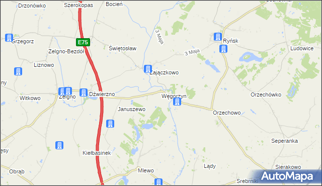 mapa Węgorzyn gmina Ryńsk, Węgorzyn gmina Ryńsk na mapie Targeo