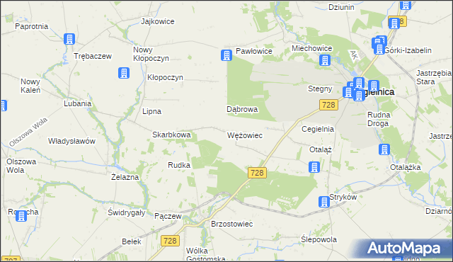 mapa Wężowiec gmina Mogielnica, Wężowiec gmina Mogielnica na mapie Targeo