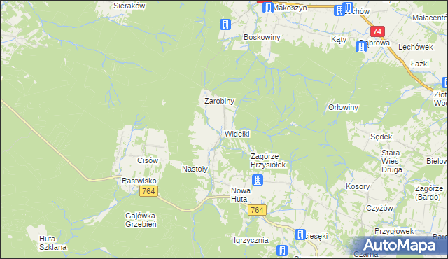 mapa Widełki gmina Daleszyce, Widełki gmina Daleszyce na mapie Targeo