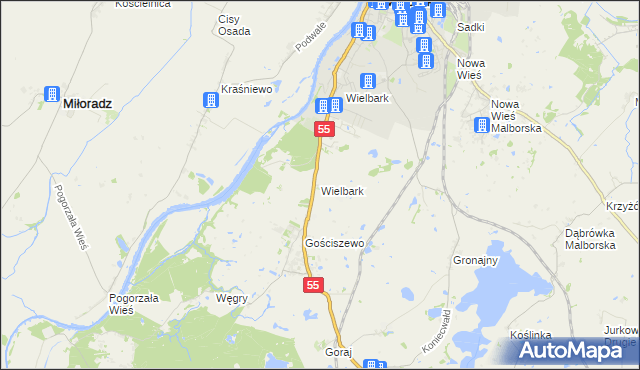 mapa Wielbark gmina Malbork, Wielbark gmina Malbork na mapie Targeo