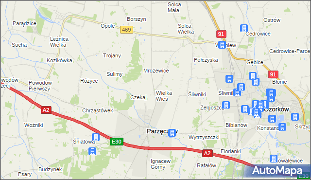 mapa Wielka Wieś gmina Parzęczew, Wielka Wieś gmina Parzęczew na mapie Targeo