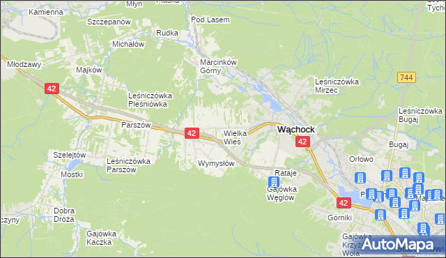 mapa Wielka Wieś gmina Wąchock, Wielka Wieś gmina Wąchock na mapie Targeo