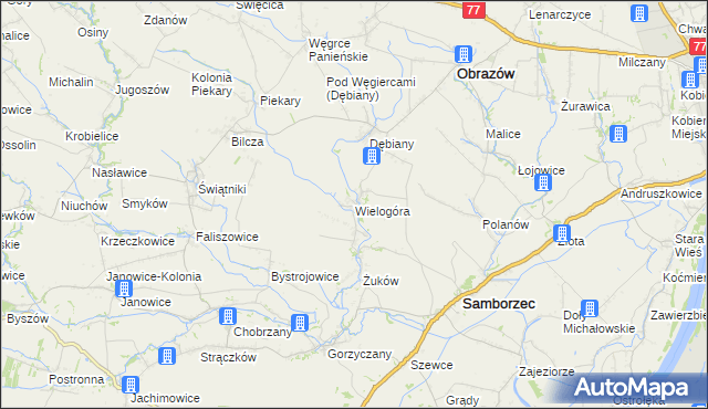 mapa Wielogóra gmina Samborzec, Wielogóra gmina Samborzec na mapie Targeo