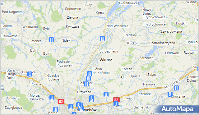 mapa Wieprz powiat wadowicki, Wieprz powiat wadowicki na mapie Targeo