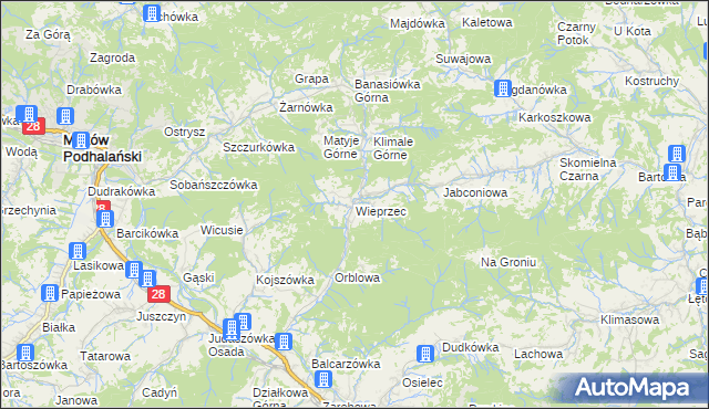 mapa Wieprzec gmina Maków Podhalański, Wieprzec gmina Maków Podhalański na mapie Targeo