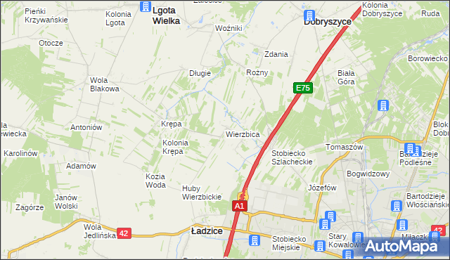 mapa Wierzbica gmina Ładzice, Wierzbica gmina Ładzice na mapie Targeo