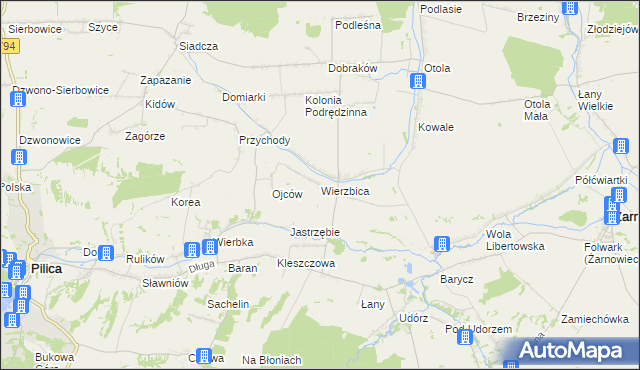 mapa Wierzbica gmina Pilica, Wierzbica gmina Pilica na mapie Targeo