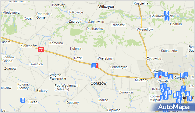 mapa Wierzbiny gmina Obrazów, Wierzbiny gmina Obrazów na mapie Targeo