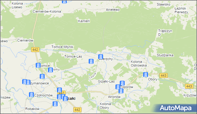 mapa Wierzchy gmina Gizałki, Wierzchy gmina Gizałki na mapie Targeo