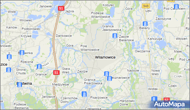 mapa Wilamowice powiat bielski, Wilamowice powiat bielski na mapie Targeo