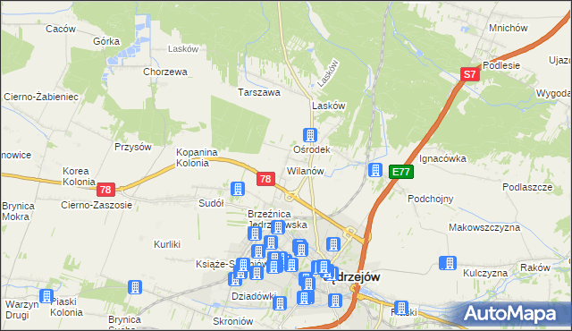 mapa Wilanów gmina Jędrzejów, Wilanów gmina Jędrzejów na mapie Targeo