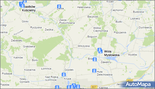 mapa Wilczyska gmina Wola Mysłowska, Wilczyska gmina Wola Mysłowska na mapie Targeo