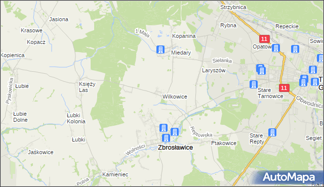 mapa Wilkowice gmina Zbrosławice, Wilkowice gmina Zbrosławice na mapie Targeo