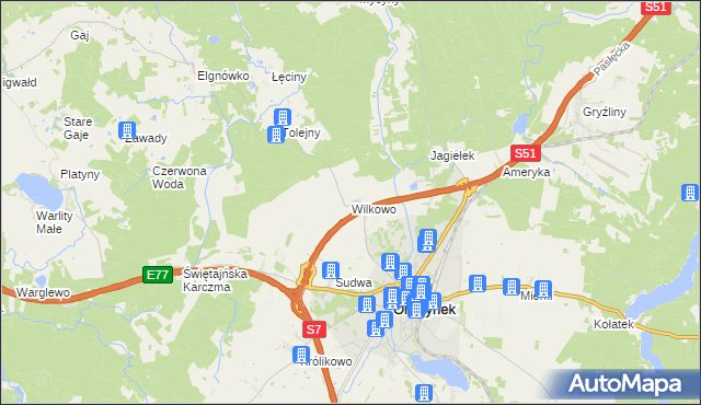 mapa Wilkowo gmina Olsztynek, Wilkowo gmina Olsztynek na mapie Targeo