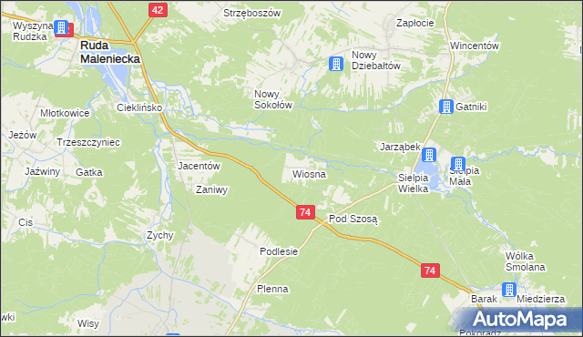 mapa Wiosna gmina Radoszyce, Wiosna gmina Radoszyce na mapie Targeo