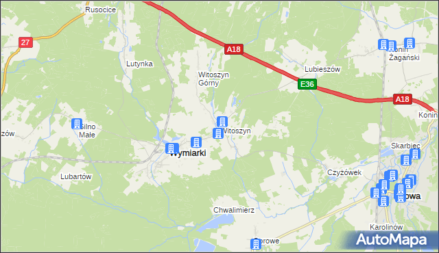 mapa Witoszyn gmina Wymiarki, Witoszyn gmina Wymiarki na mapie Targeo