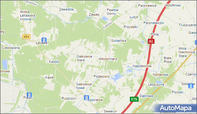 mapa Włodzimierz gmina Kamieńsk, Włodzimierz gmina Kamieńsk na mapie Targeo