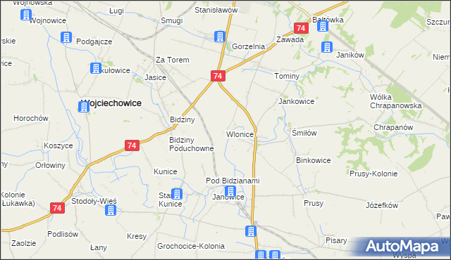 mapa Wlonice gmina Wojciechowice, Wlonice gmina Wojciechowice na mapie Targeo