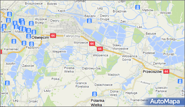mapa Włosienica gmina Oświęcim, Włosienica gmina Oświęcim na mapie Targeo