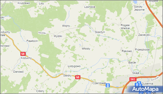 mapa Włosty gmina Biała Piska, Włosty gmina Biała Piska na mapie Targeo