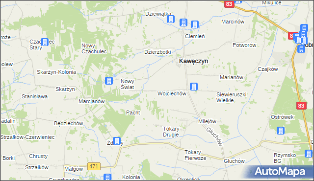 mapa Wojciechów gmina Kawęczyn, Wojciechów gmina Kawęczyn na mapie Targeo