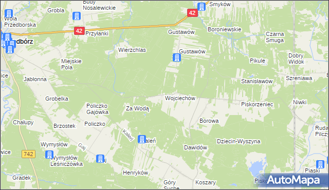 mapa Wojciechów gmina Przedbórz, Wojciechów gmina Przedbórz na mapie Targeo