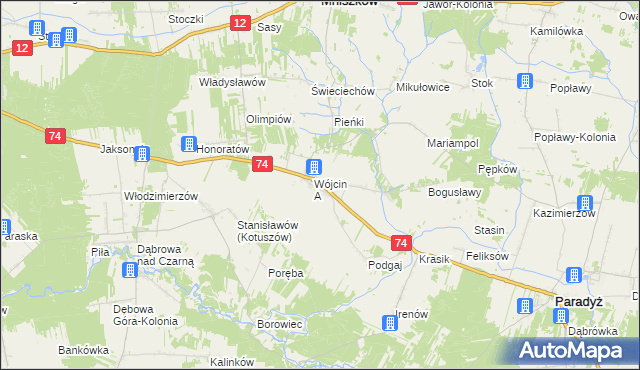 mapa Wójcin gmina Paradyż, Wójcin gmina Paradyż na mapie Targeo