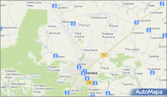 mapa Wojnowice gmina Iwaniska, Wojnowice gmina Iwaniska na mapie Targeo