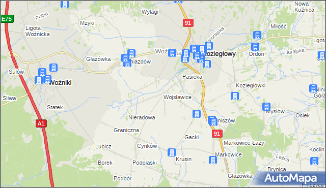 mapa Wojsławice gmina Koziegłowy, Wojsławice gmina Koziegłowy na mapie Targeo