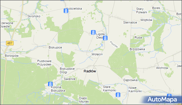 mapa Wolęcin gmina Radłów, Wolęcin gmina Radłów na mapie Targeo