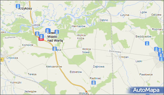 mapa Wolica Nowa gmina Nowe Miasto nad Wartą, Wolica Nowa gmina Nowe Miasto nad Wartą na mapie Targeo