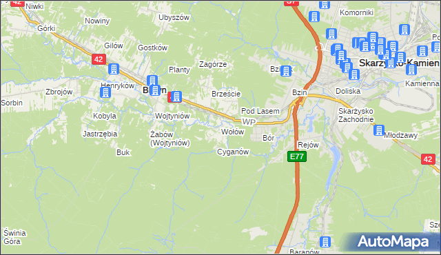 mapa Wołów gmina Bliżyn, Wołów gmina Bliżyn na mapie Targeo