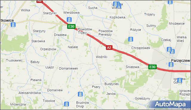 mapa Woźniki gmina Dalików, Woźniki gmina Dalików na mapie Targeo