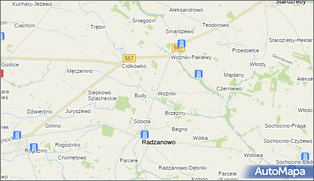 mapa Woźniki gmina Radzanowo, Woźniki gmina Radzanowo na mapie Targeo