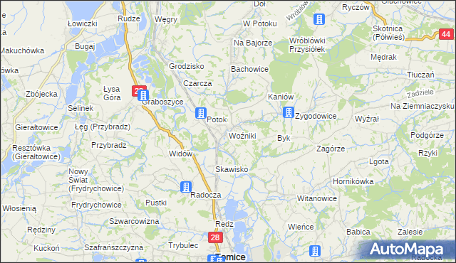 mapa Woźniki gmina Tomice, Woźniki gmina Tomice na mapie Targeo