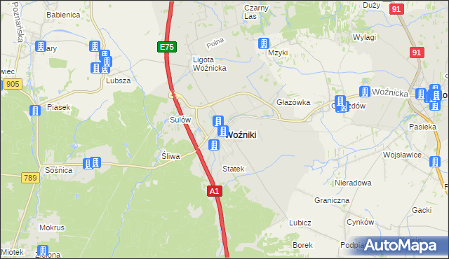 mapa Woźniki powiat lubliniecki, Woźniki powiat lubliniecki na mapie Targeo