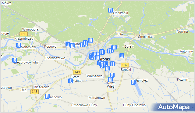 mapa Wronki powiat szamotulski, Wronki powiat szamotulski na mapie Targeo