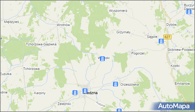 mapa Wrzoski gmina Miedzna, Wrzoski gmina Miedzna na mapie Targeo