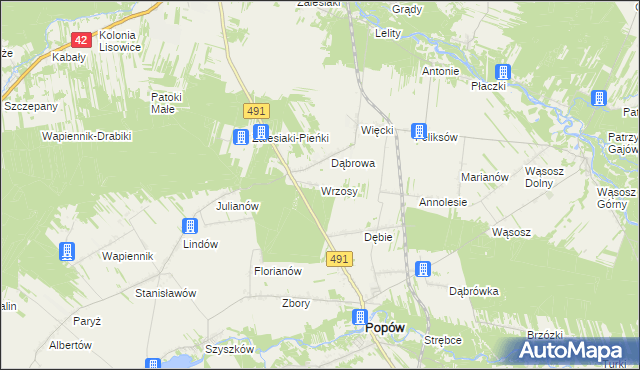 mapa Wrzosy gmina Popów, Wrzosy gmina Popów na mapie Targeo