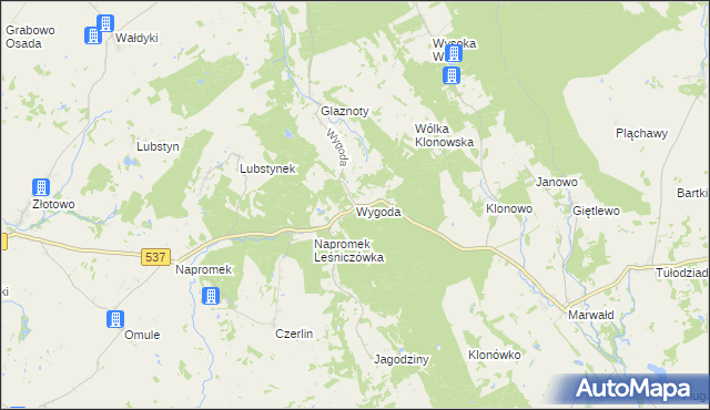 mapa Wygoda gmina Ostróda, Wygoda gmina Ostróda na mapie Targeo