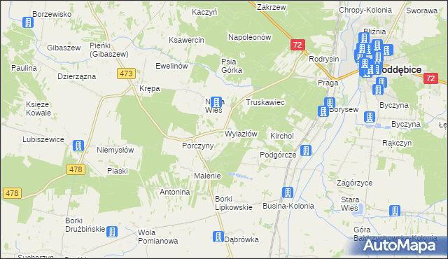 mapa Wylazłów gmina Poddębice, Wylazłów gmina Poddębice na mapie Targeo